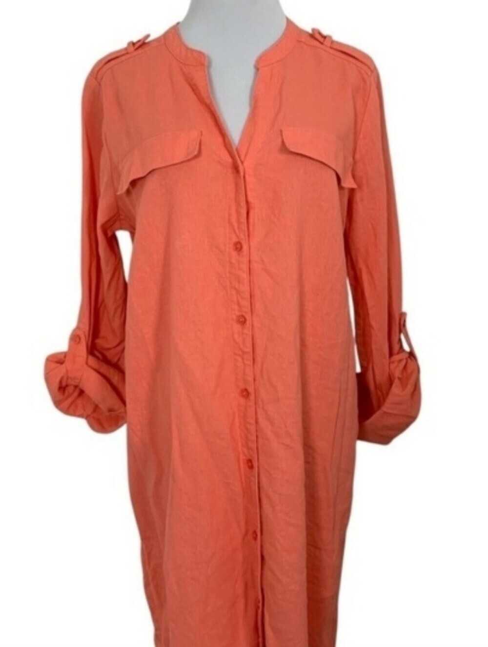 Calvin Klein Coral Linen Blend Button Down Dress Women's Size 12 Rolltab Sleeve